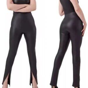 Spanx Black Faux Leather Split Hem Leggings - Size Large Petite